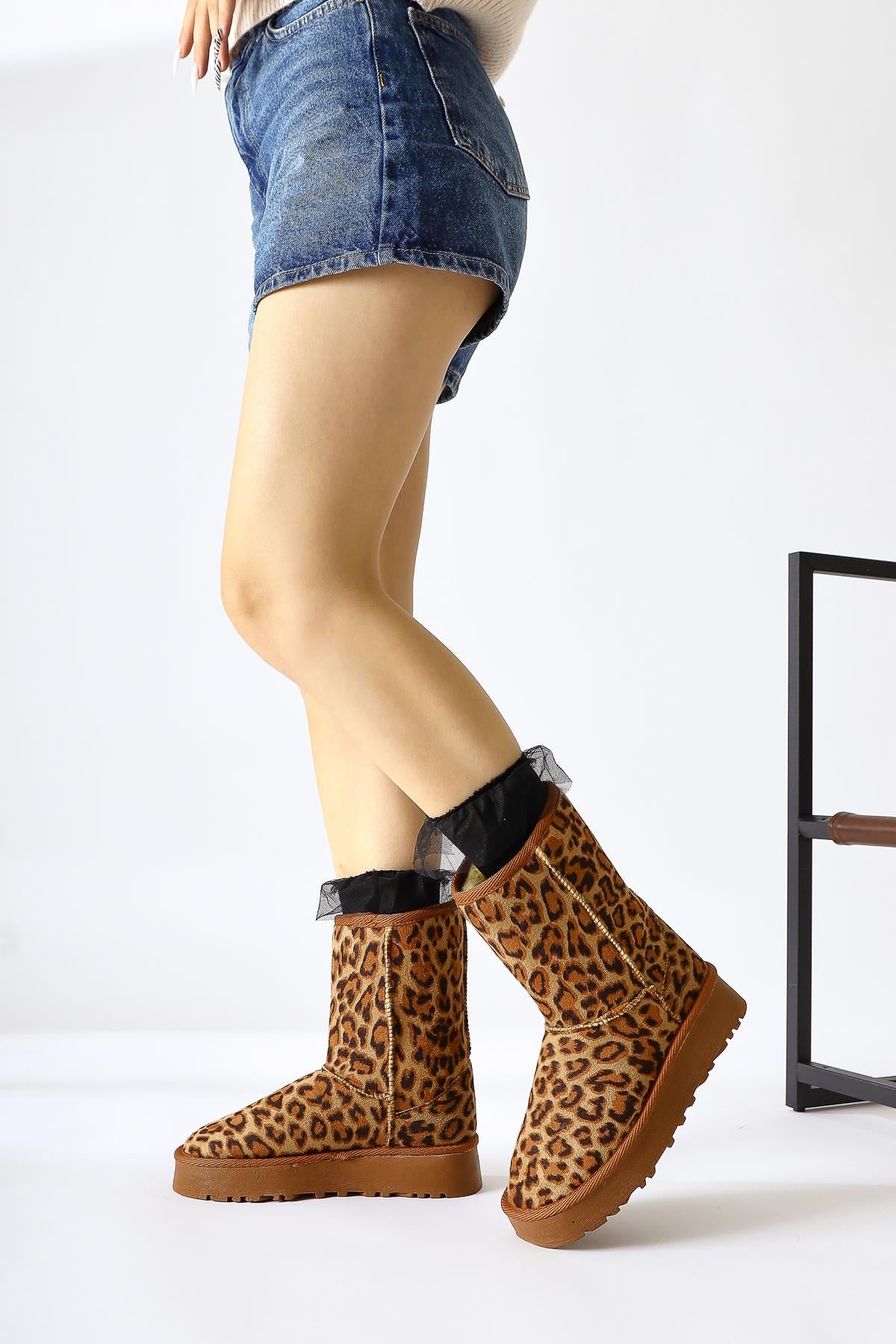 Lena-Birgitta Leopard Patterned Suede Fur Lined Pull-On Boots