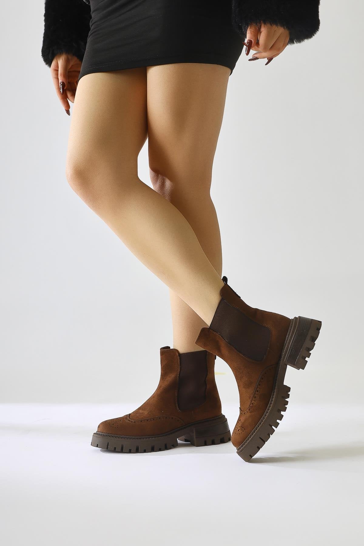 Leyah Brown Suede Laser Cut Detailed Elastic Boots