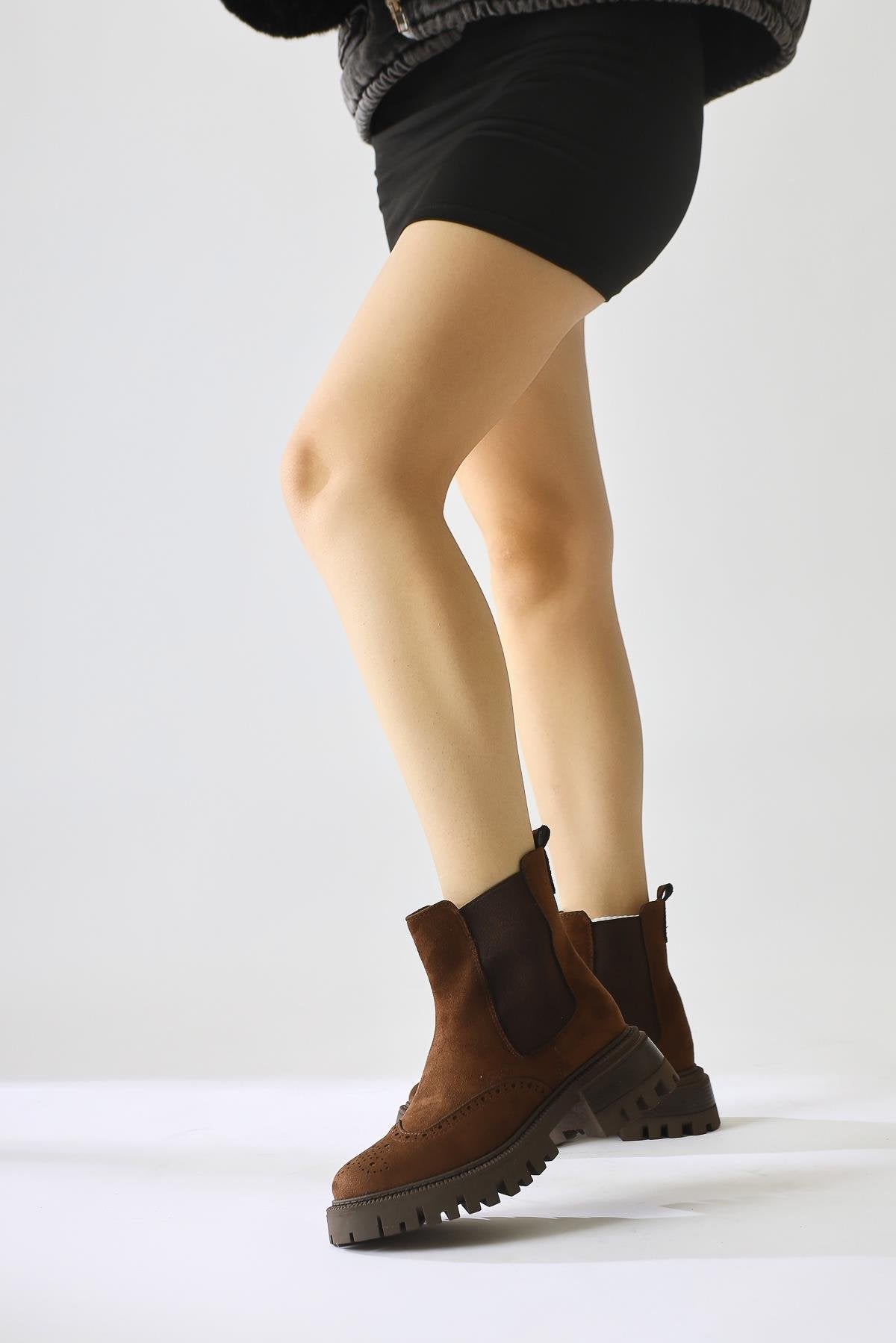 Leyah Brown Suede Laser Cut Detailed Elastic Boots