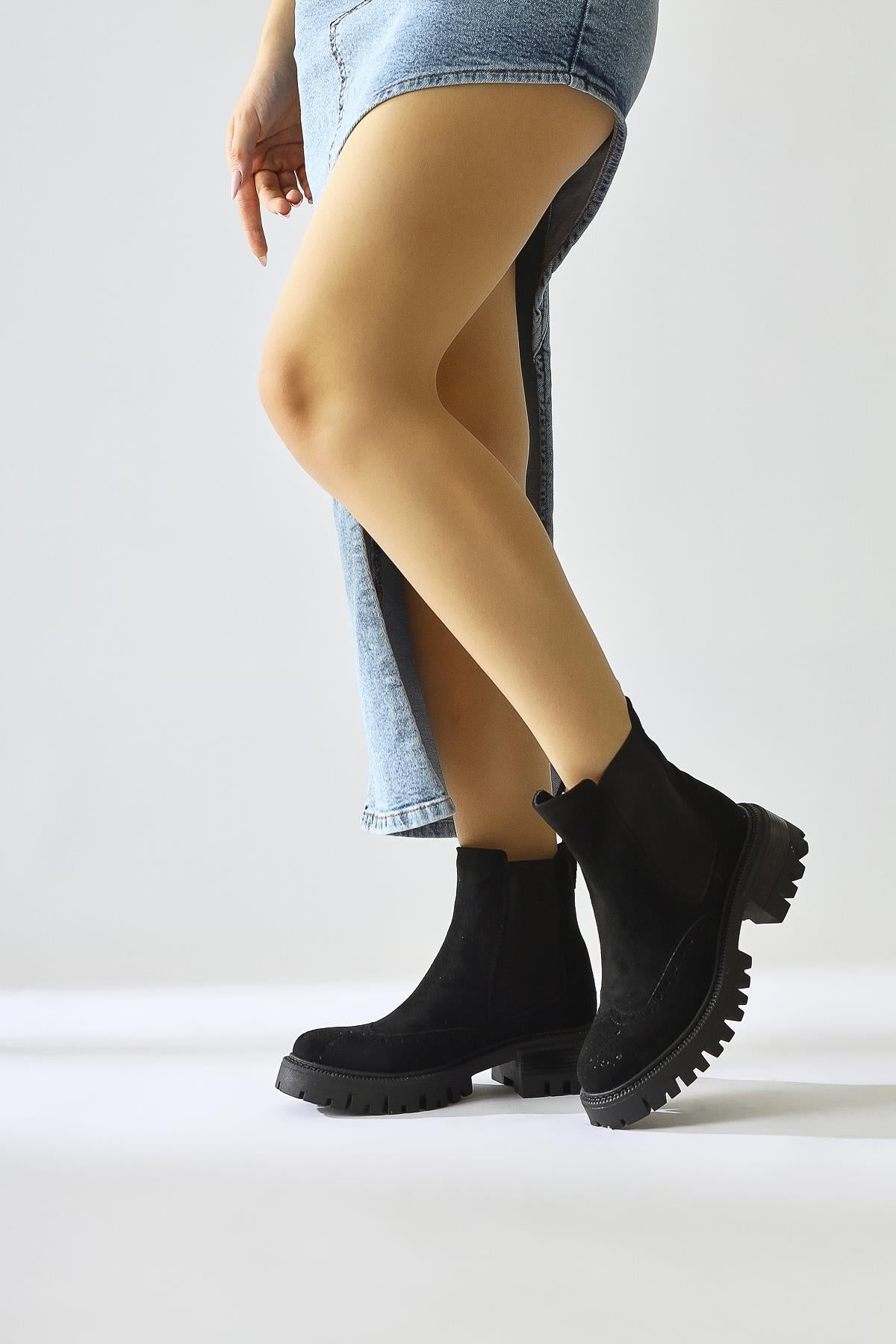 Leyah Black Suede Laser Cut Detailed Elastic Boots