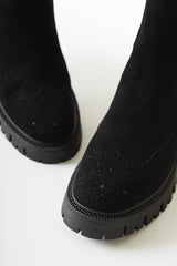 Leyah Black Suede Laser Cut Detailed Elastic Boots