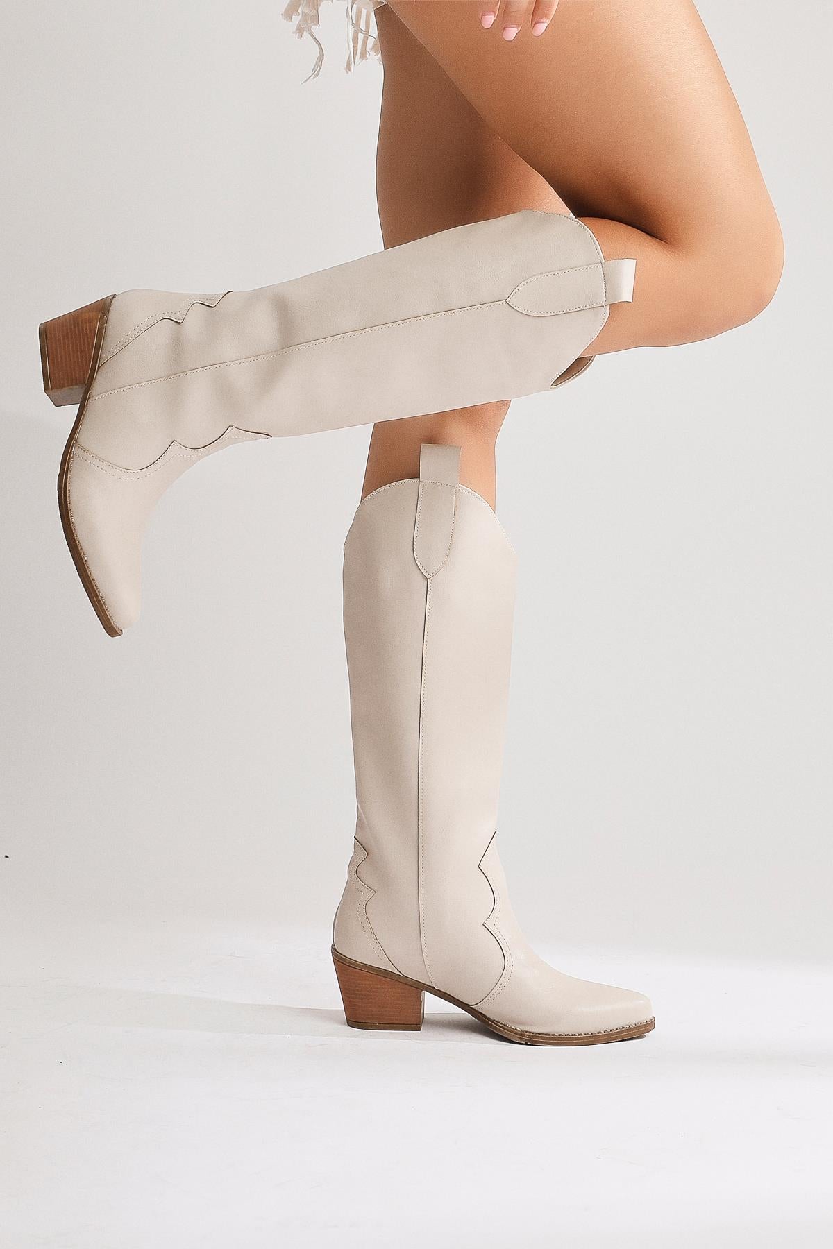 Lhena Beige Western Pull On Boots