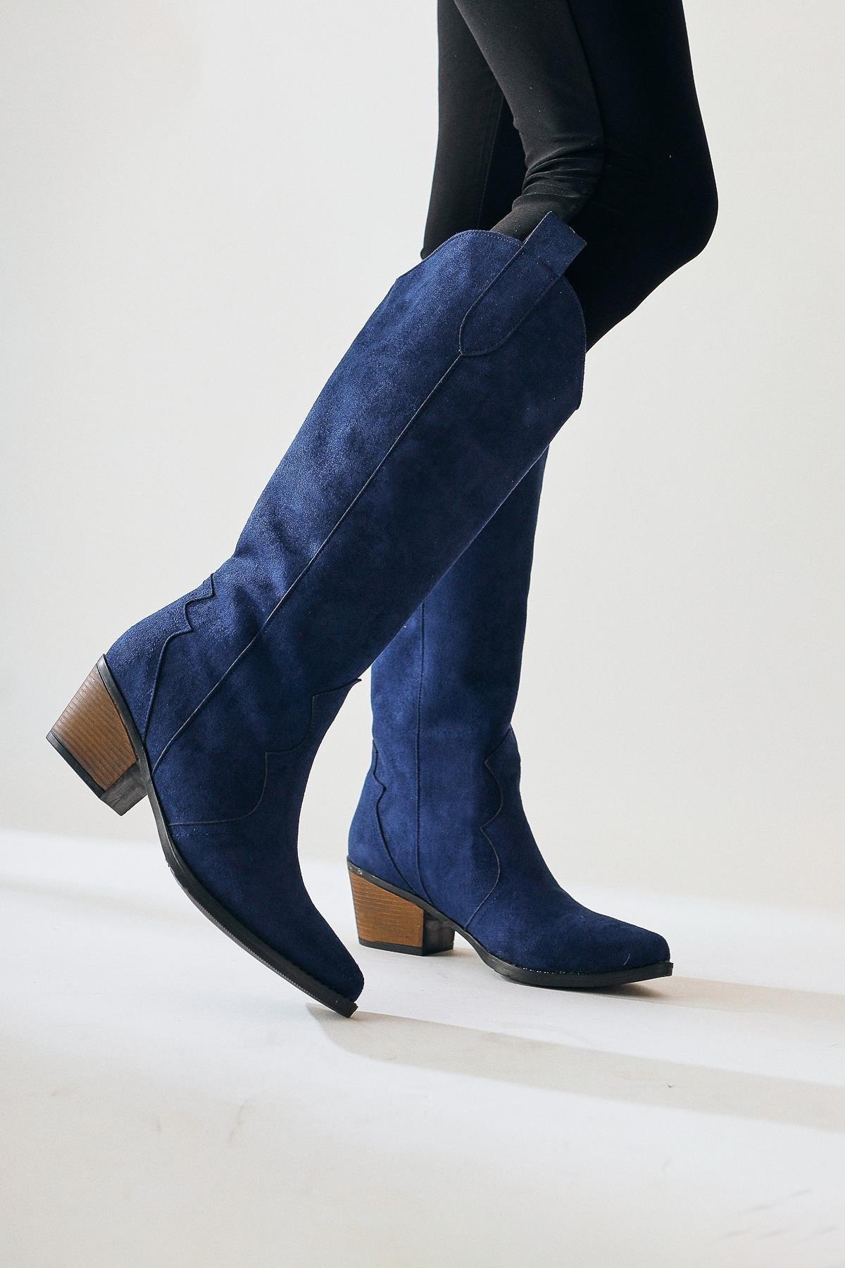 Lhena Navy Suede Western Pull-On Boots