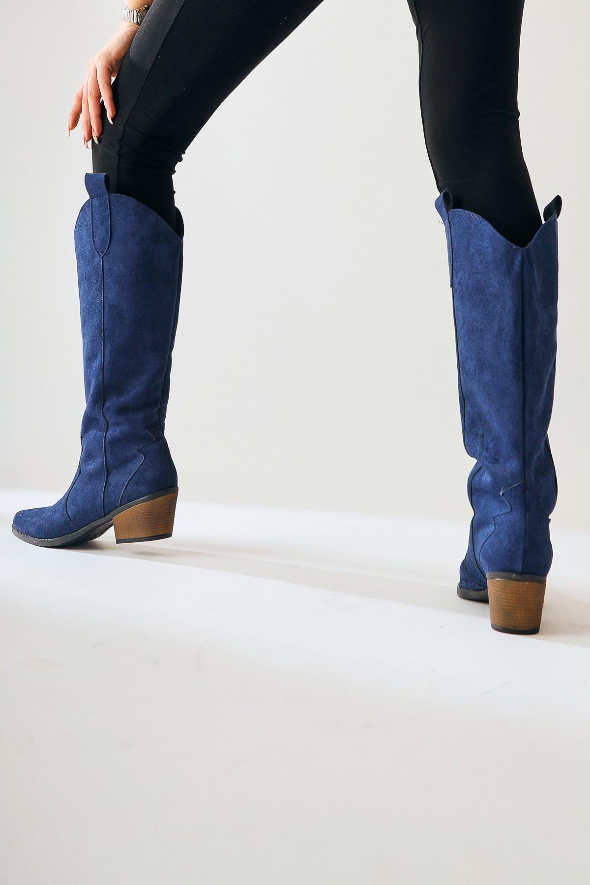 Lhena Navy Suede Western Pull-On Boots