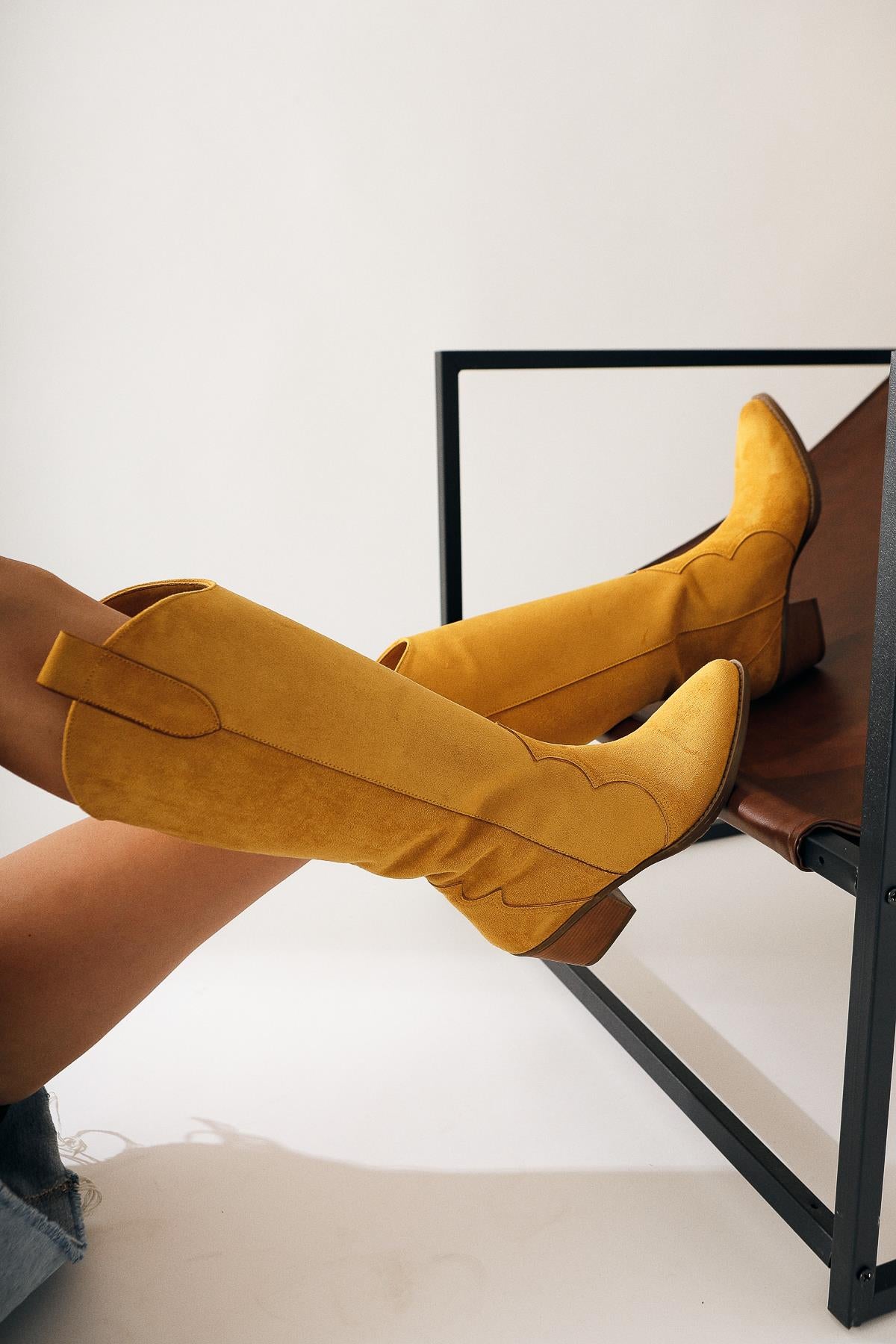 Lhena Yellow Suede Western Pull On Boots