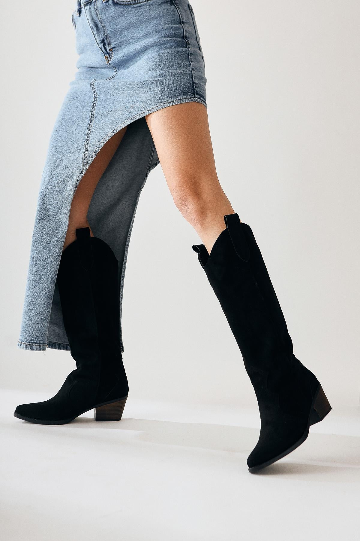 Lhena Black Suede Western Pull On Boots