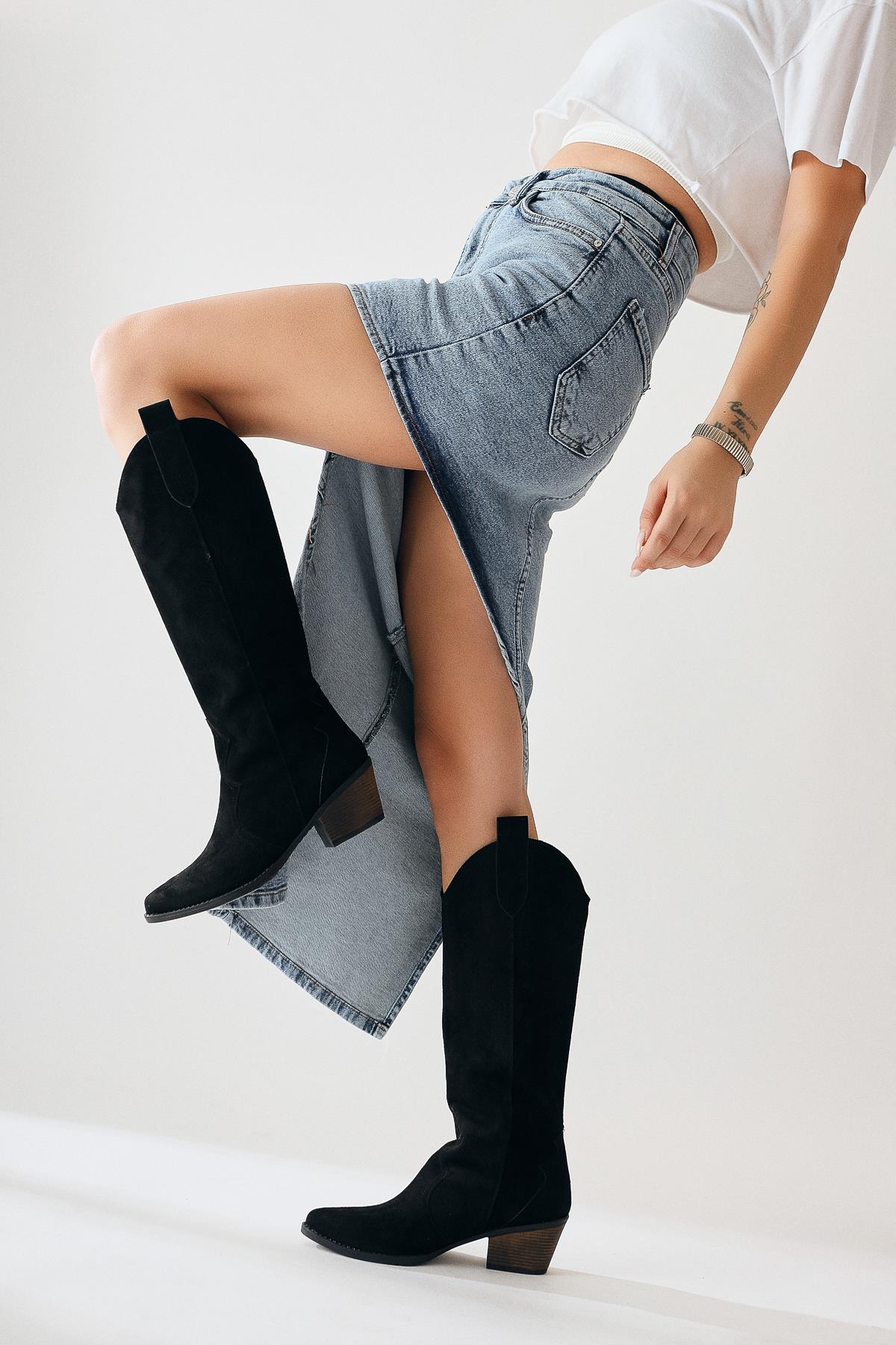 Lhena Black Suede Western Pull On Boots