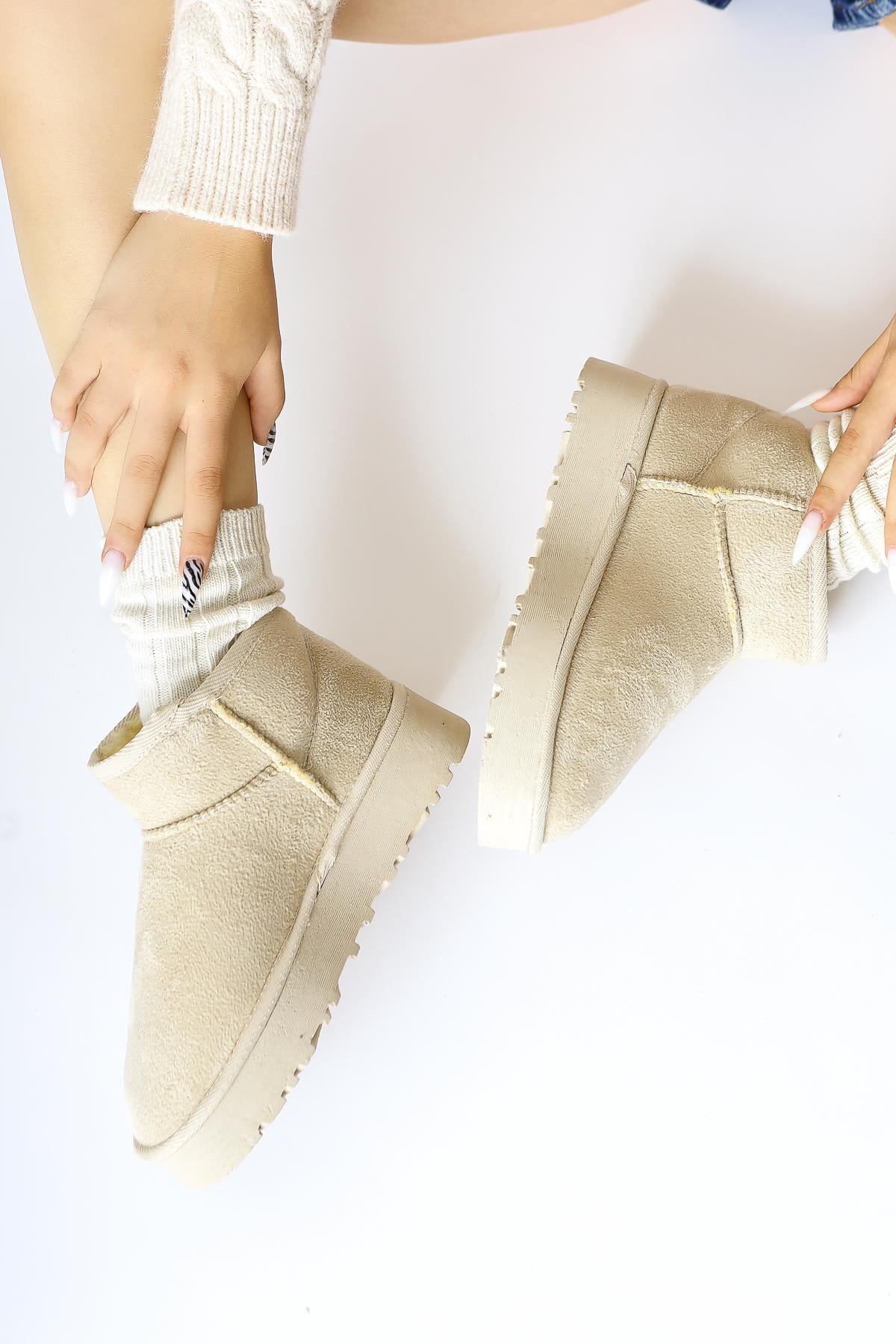 Lilly-Anne Beige Suede Fur Lined Short Boots