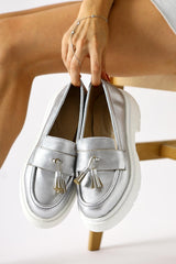 Linni Silver Crinkle Patent Leather Tasseled Loafers