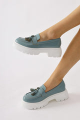 Linni Turquoise Crinkle Patent Leather Tasseled Loafers