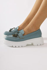 Linni Turquoise Crinkle Patent Leather Tasseled Loafers