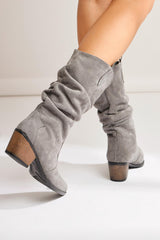 Lise-Britt Grey Suede Gusseted Embroidered Western Boots