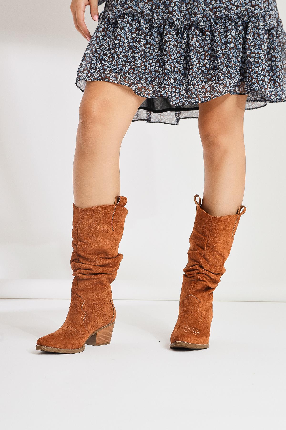 Lise-Britt Tan Suede Gusseted Embroidered Western Boots