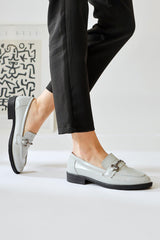 Lise Lott Gray Patent Leather Buckle Detailed Casual Shoes