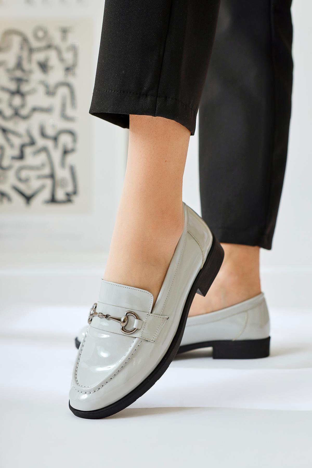 Lise Lott Gray Patent Leather Buckle Detailed Casual Shoes