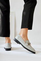 Lise Lott Gray Patent Leather Buckle Detailed Casual Shoes