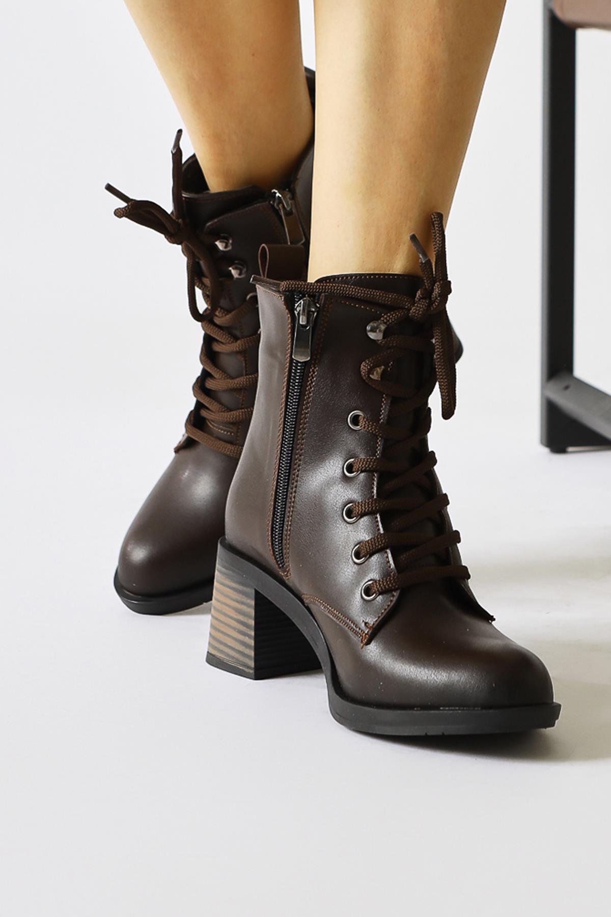 Lonny Brown Oval Toe Lace-Up and Zippered Heeled Boots