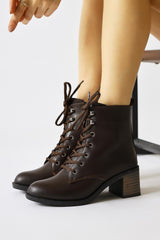 Lonny Brown Oval Toe Lace-Up and Zippered Heeled Boots