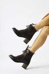 Lonny Brown Oval Toe Lace-Up and Zippered Heeled Boots