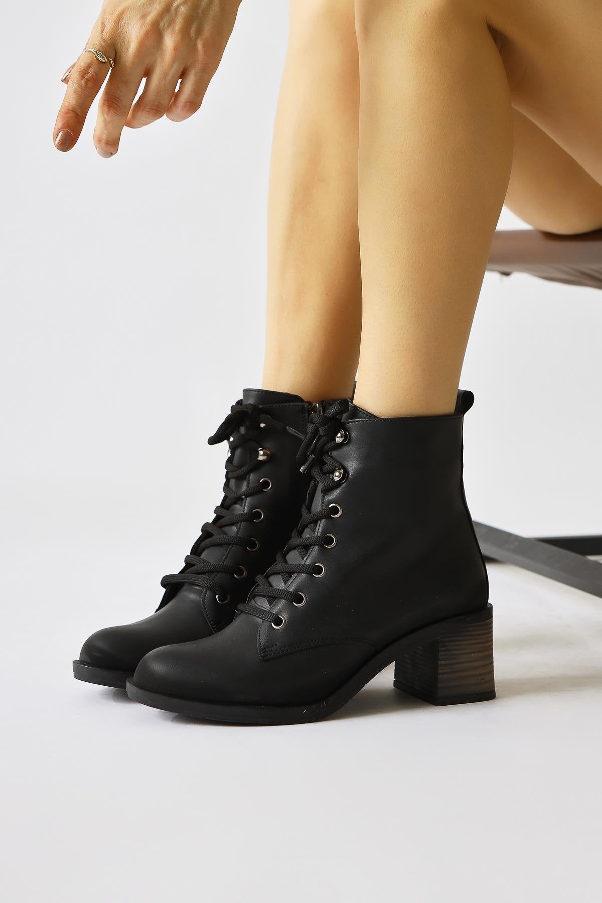 Lonny Black Oval Toe Lace-Up and Zippered Heeled Boots