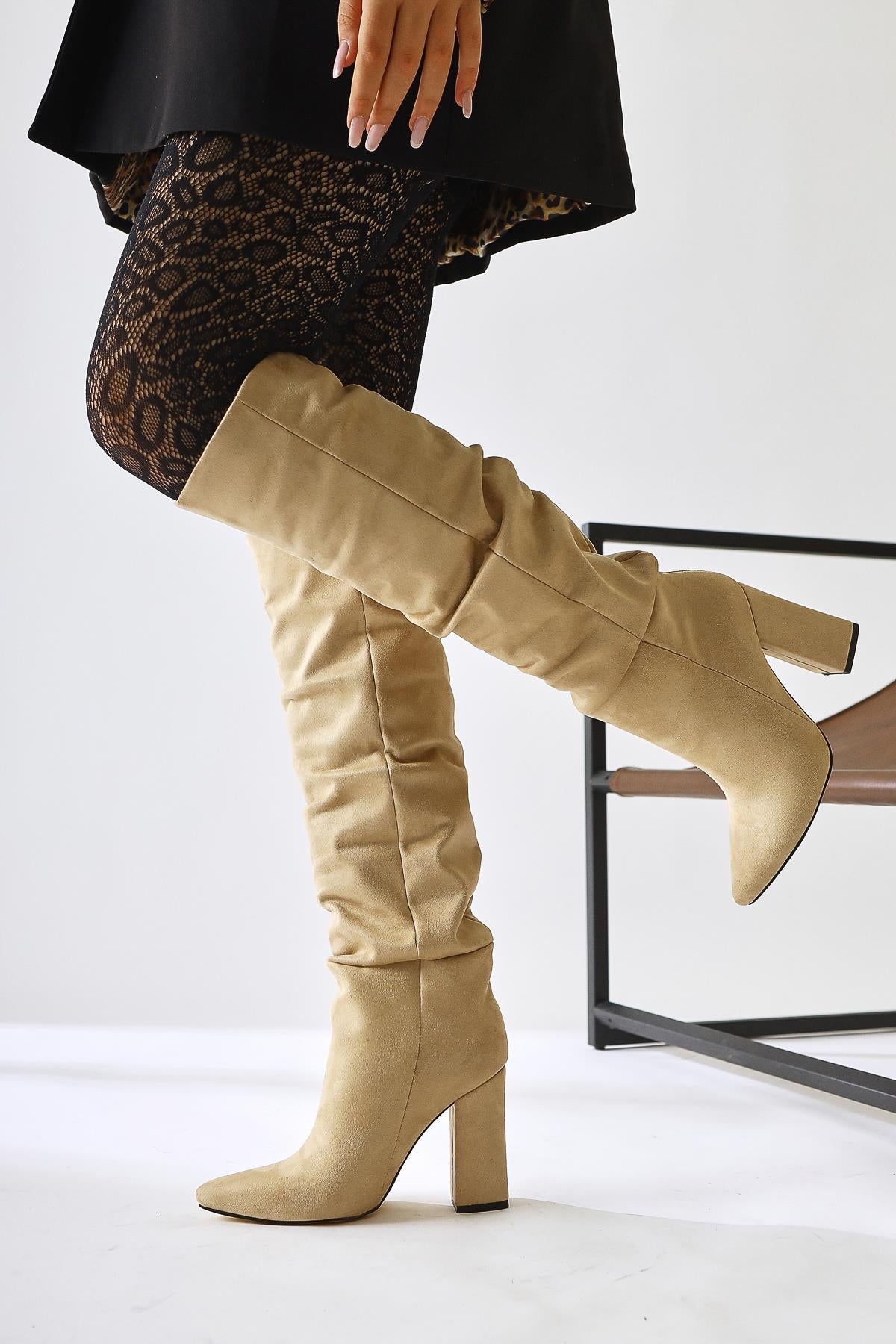 Loren Beige Suede Pointed Toe High Heel Knee High Boots