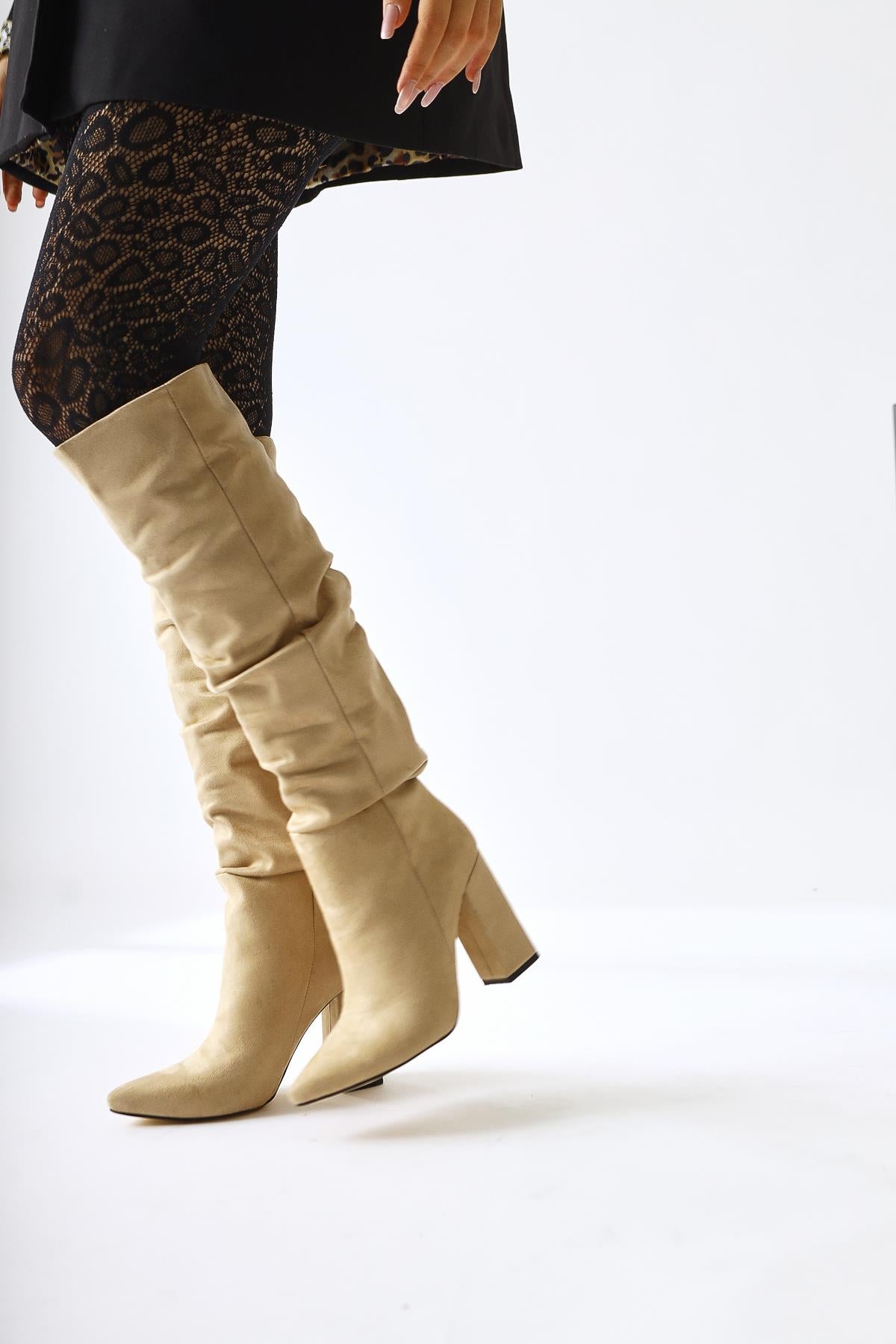 Loren Beige Suede Pointed Toe High Heel Knee High Boots