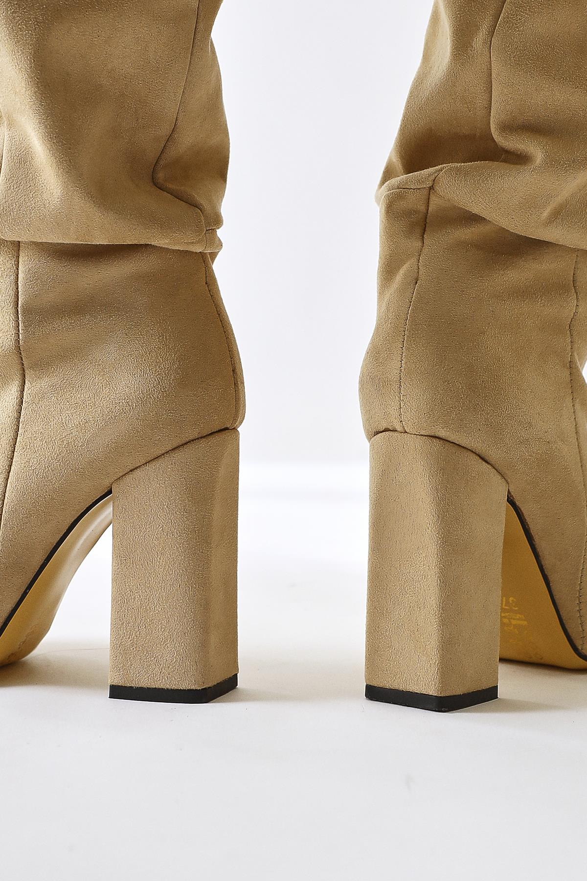 Loren Beige Suede Pointed Toe High Heel Knee High Boots