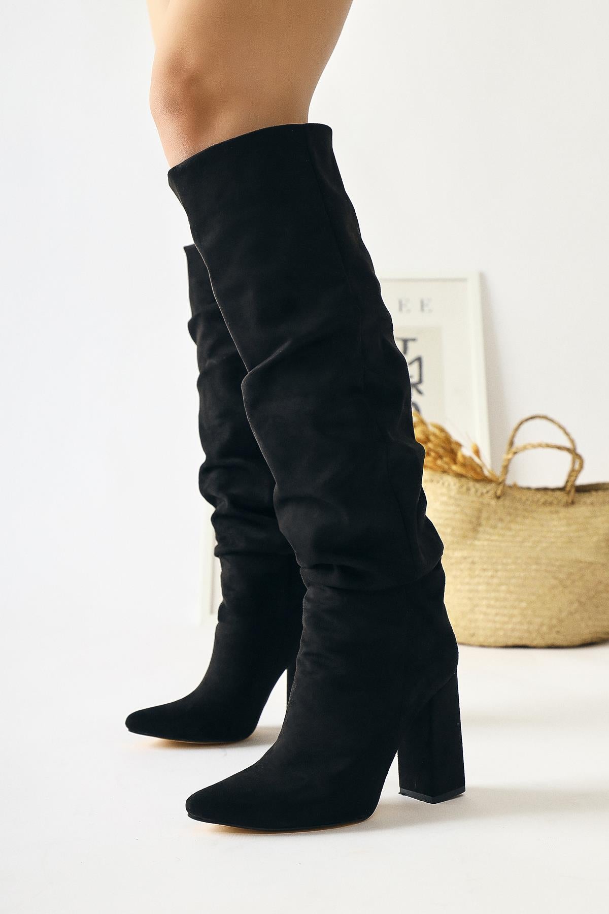 Loren Black Suede Pointed Toe High Heel Knee High Boots