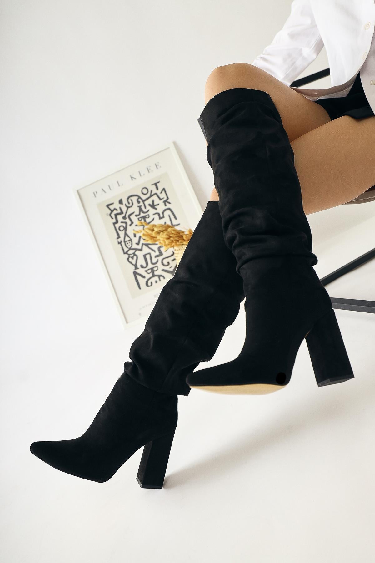 Loren Black Suede Pointed Toe High Heel Knee High Boots