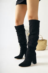 Loren Black Suede Pointed Toe High Heel Knee High Boots