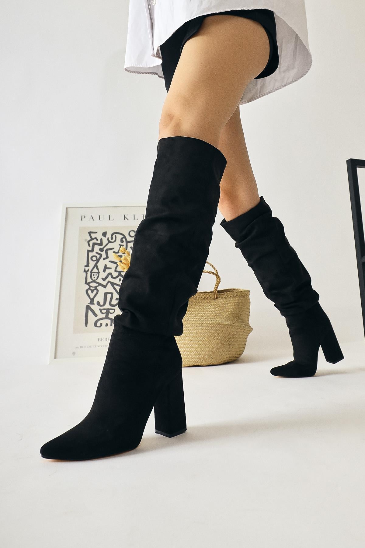 Loren Black Suede Pointed Toe High Heel Knee High Boots