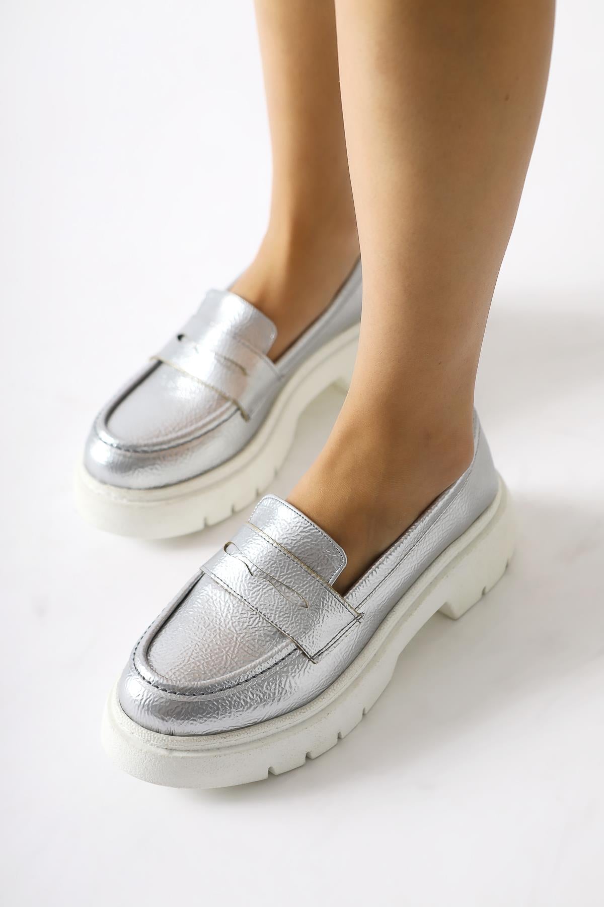 Lorenza Silver Crinkle Patent Leather Loafers