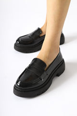 Lorenza Black Crinkle Patent Leather Loafers