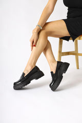 Lorenza Black Crinkle Patent Leather Loafers