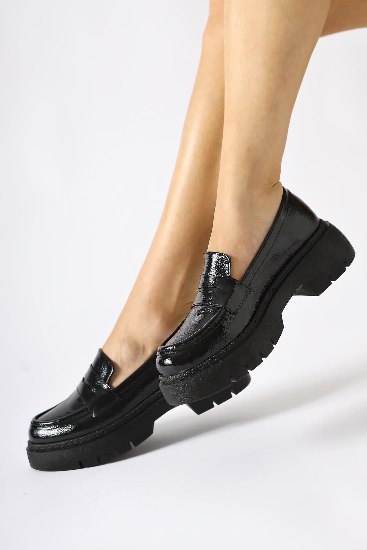 Lorenza Black Crinkle Patent Leather Loafers