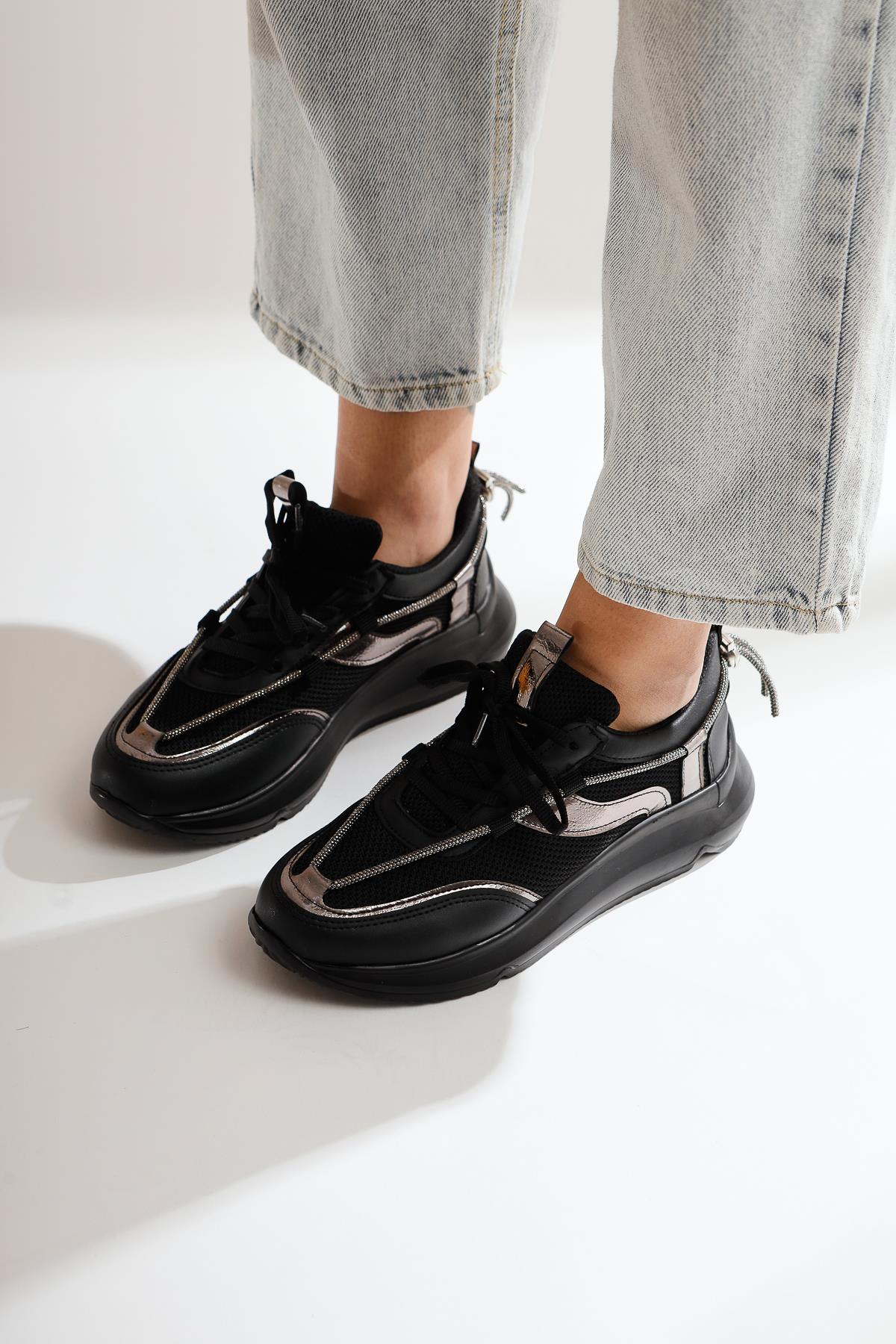 Luann Black Stone Detailed Lace-Up Sneakers Sports Shoes