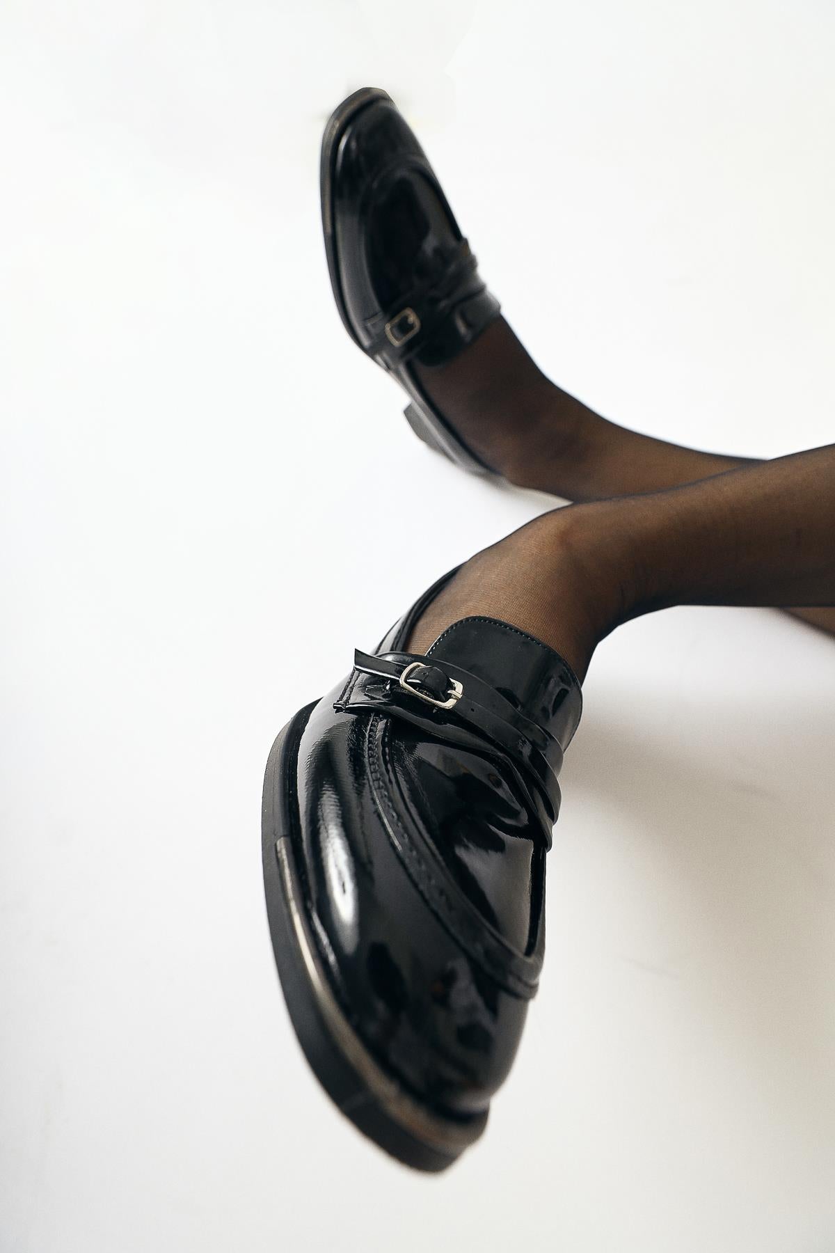 Luba Black Patent Leather Buckle Detailed Low Heel Casual Shoes