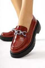 Lucin Burgundy Crocodile Patterned Chain Buckle Detailed Loafers