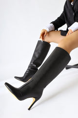 Lucine Black Pointed Toe Stiletto Heel Pull-On Boots