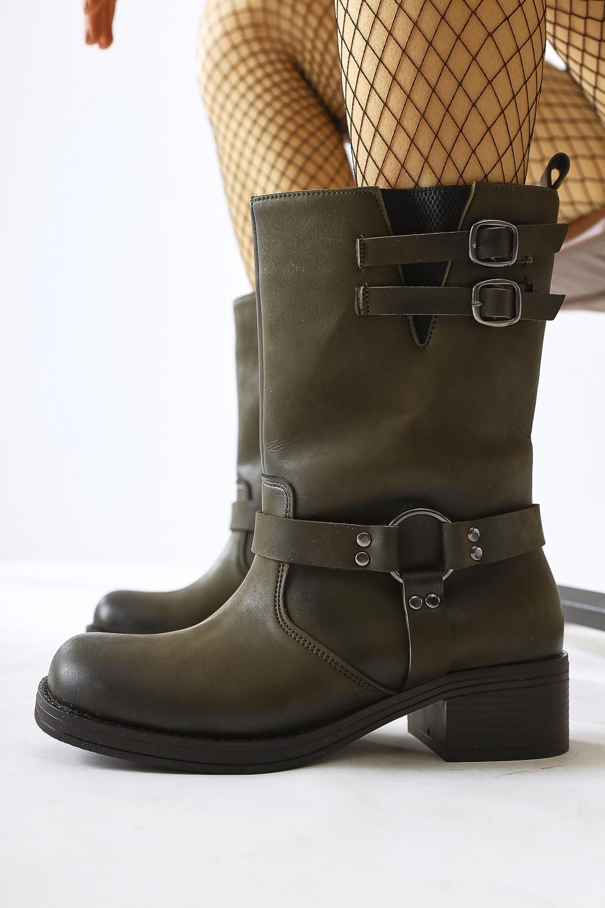 Maggie Khaki Buckle Detail Elastic Long Boots