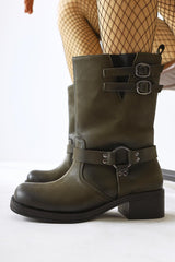 Maggie Khaki Buckle Detail Elastic Long Boots