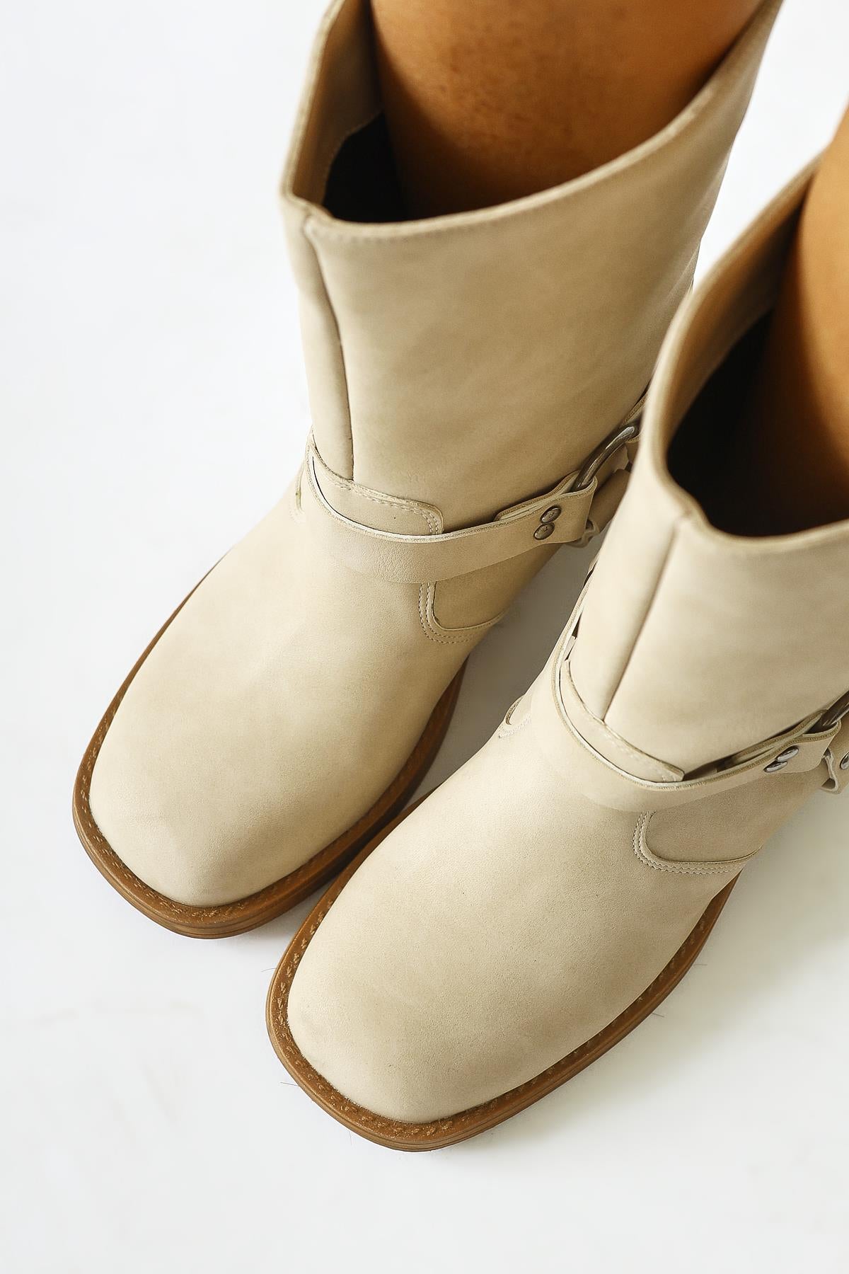 Maggie Cream Buckle Detailed Elastic Long Boots