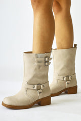 Maggie Cream Buckle Detailed Elastic Long Boots