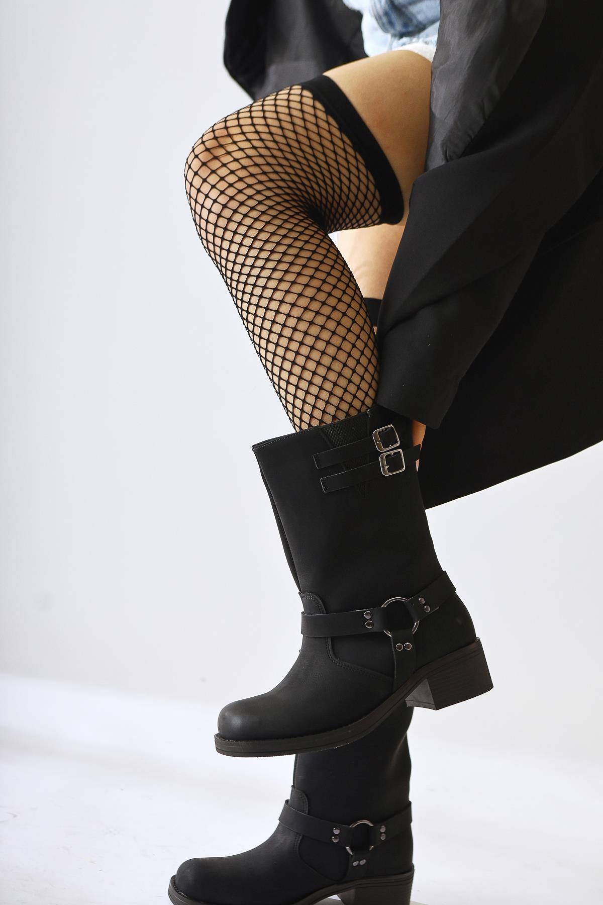 Maggie Black Buckle Detail Elastic Long Boots