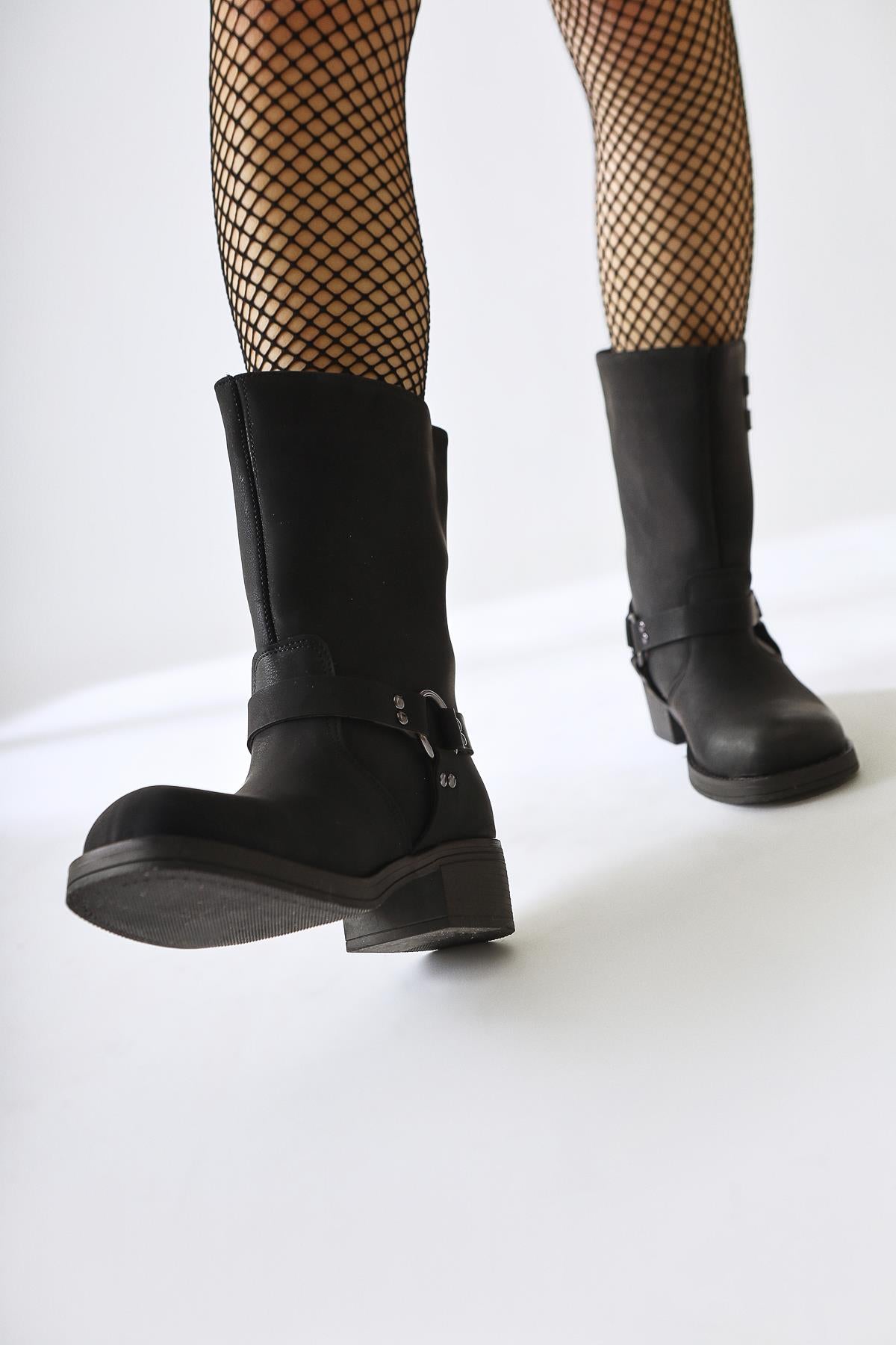 Maggie Black Buckle Detail Elastic Long Boots