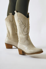 Maily Beige Suede Detailed Embroidered Pointed Toe Western Boots