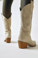 Maily Beige Suede Detailed Embroidered Pointed Toe Western Boots