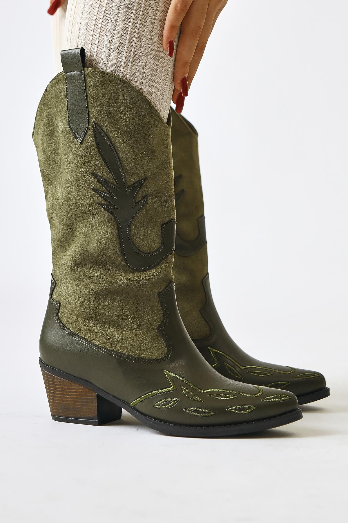 Maily Khaki Suede Detailed Embroidered Pointed Toe Western Boots