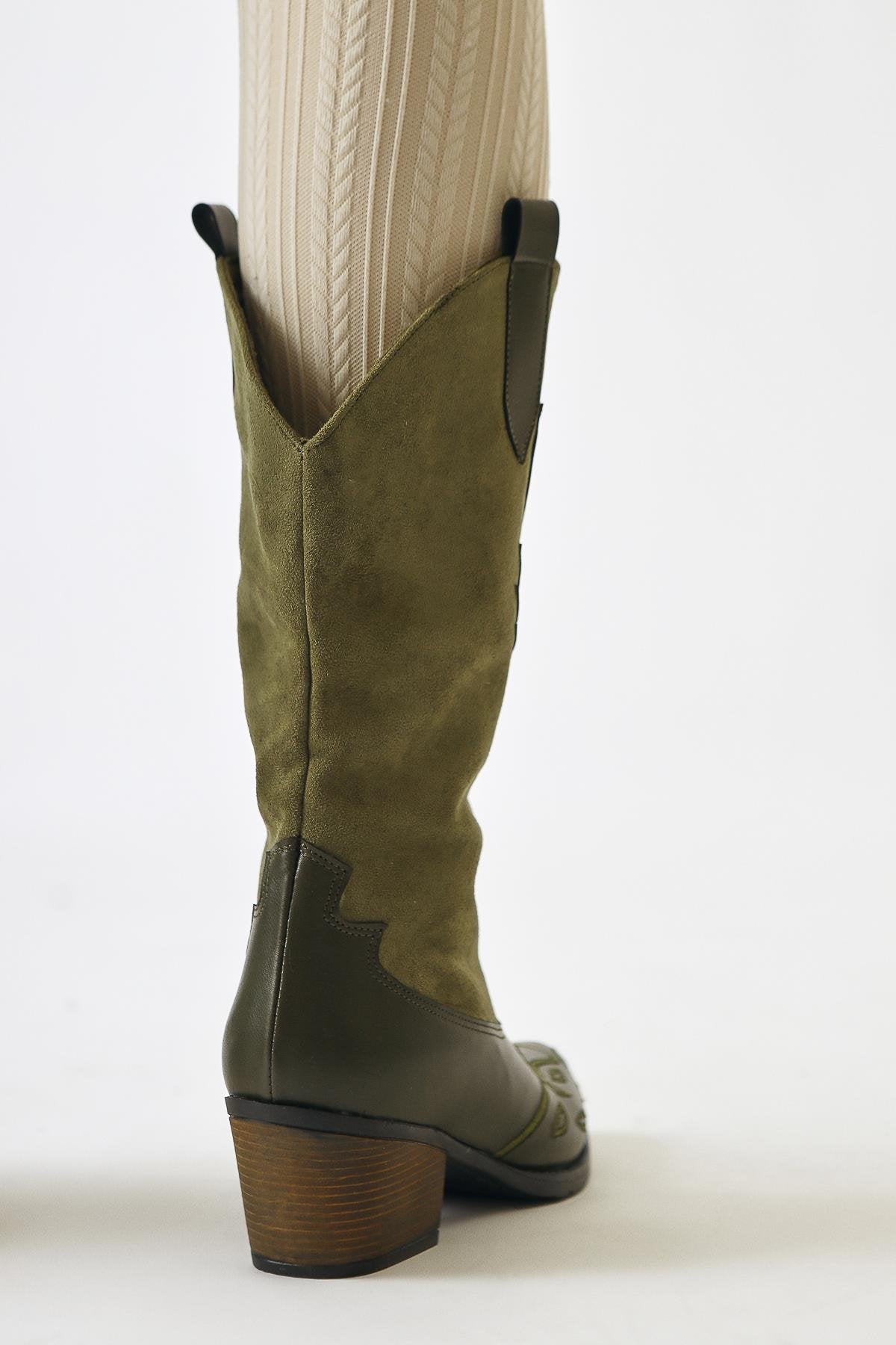 Maily Khaki Suede Detailed Embroidered Pointed Toe Western Boots