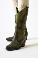 Maily Khaki Suede Detailed Embroidered Pointed Toe Western Boots